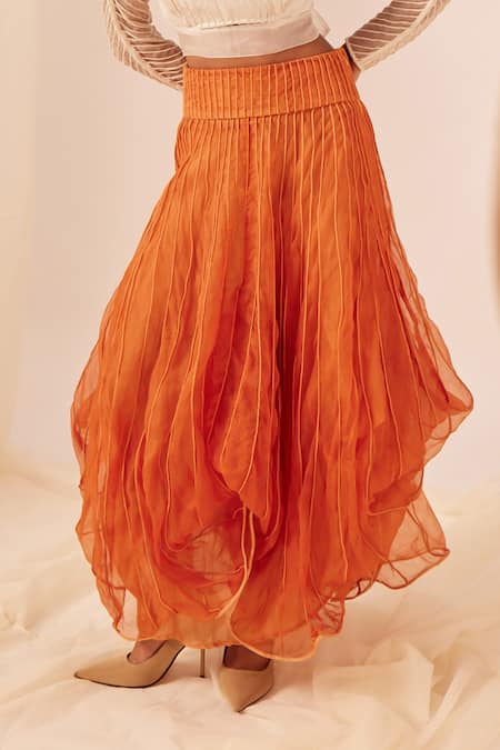 EK Katha_Orange Kota Doria, Handloom Cotton Embroidery Cord Cowl Skirt And Bustier Set _at_Aza_Fashions