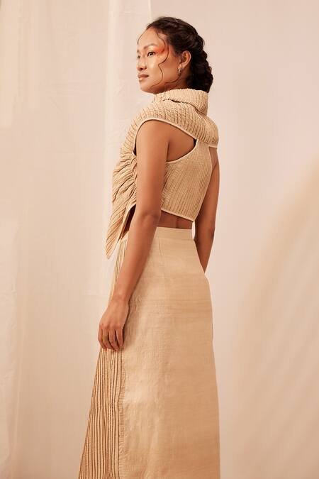 Buy_EK Katha_Beige Tussar Silk Embroidery Cord Shawl Collar Butterfly Blouse _Online_at_Aza_Fashions