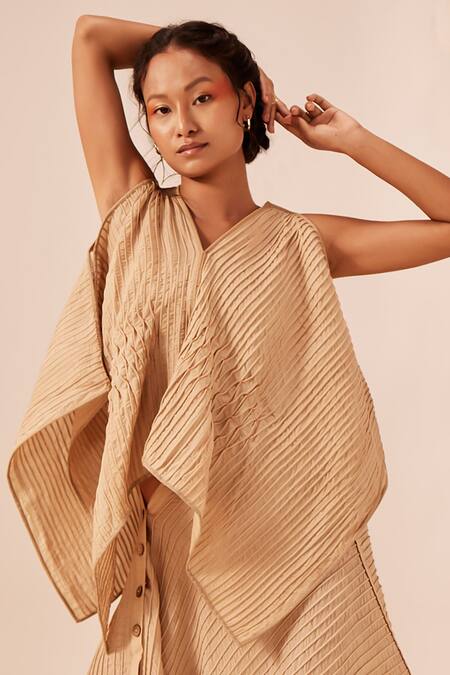 EK Katha Beige Tussar Silk Embroidery Cord V Neck Poncho Top Online at Aza Fashions EK Katha_Beige Tussar Silk Embroidery Cord V Neck Poncho Top _Online_at_Aza_Fashions