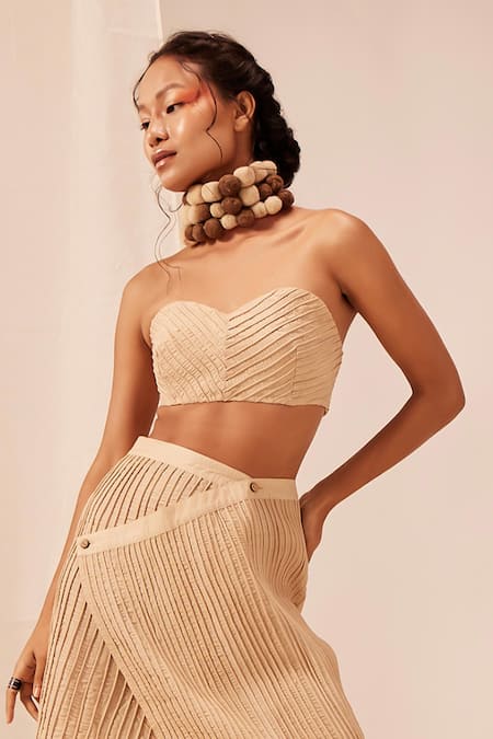 EK Katha_Beige Tussar Embroidery Sweetheart Neck Cord Blouse And Skirt Set _Online_at_Aza_Fashions