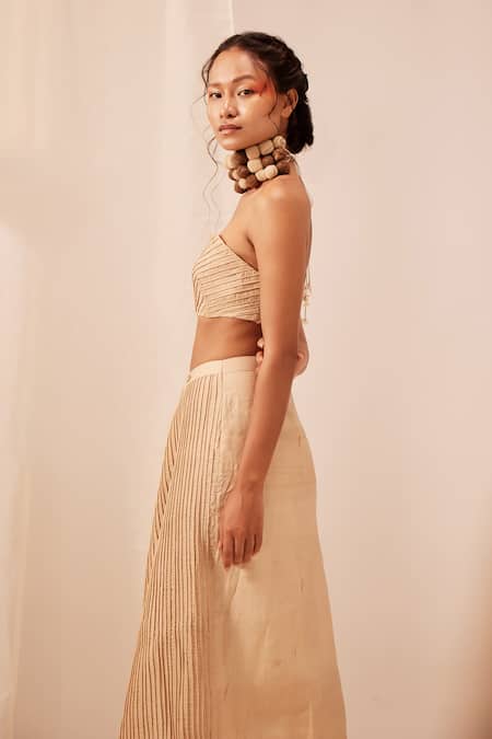 Buy_EK Katha_Beige Tussar Embroidery Sweetheart Neck Cord Blouse And Skirt Set _Online_at_Aza_Fashions