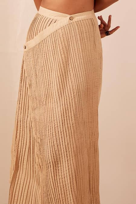 Shop_EK Katha_Beige Tussar Embroidery Sweetheart Neck Cord Blouse And Skirt Set _Online_at_Aza_Fashions