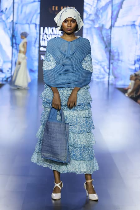 Ek Katha Blue Kota Doriya Printed Batik Cowl Neck Top And Tiered Skirt Set 