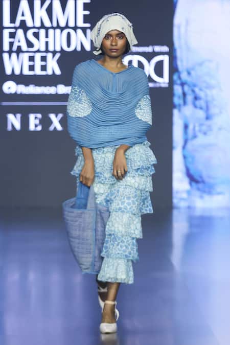 EK Katha_Blue Kota Doria Embroidery Cowl Neck Batik Print Top And Tiered Skirt Set _Online_at_Aza_Fashions