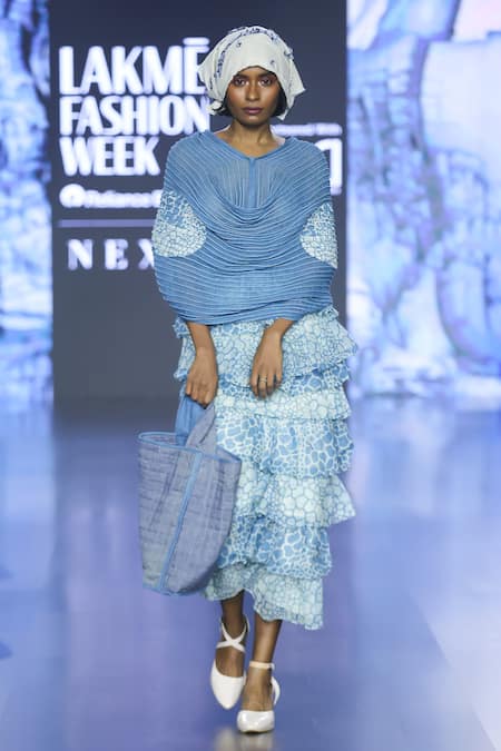 Buy_EK Katha_Blue Kota Doria Embroidery Cowl Neck Batik Print Top And Tiered Skirt Set _Online_at_Aza_Fashions