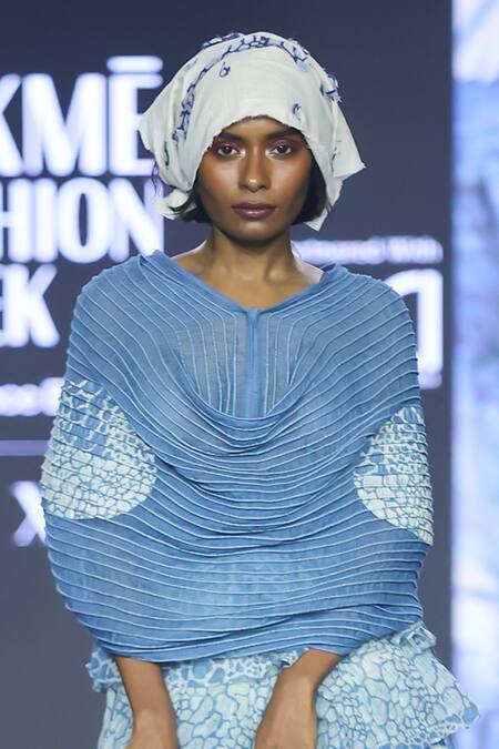 Shop_EK Katha_Blue Kota Doria Embroidery Cowl Neck Batik Print Top And Tiered Skirt Set _Online_at_Aza_Fashions