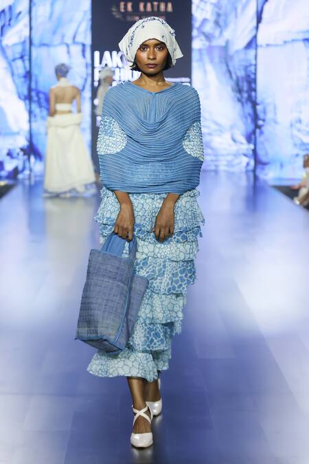 Buy_EK Katha_Blue Kota Doria Embroidery Cowl Neck Batik Print Top And Tiered Skirt Set 