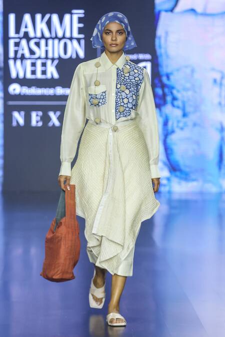 EK Katha_Off White Tussar Silk Embroidery Cord Skirt _Online_at_Aza_Fashions