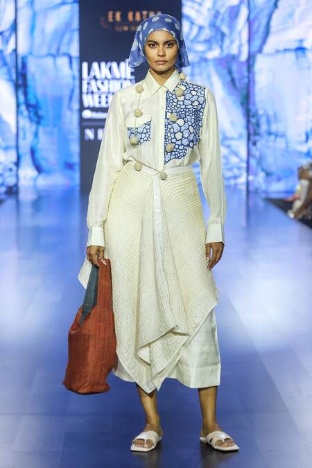 Buy_EK Katha_Off White Tussar Silk Embroidery Cord Skirt _Online_at_Aza_Fashions