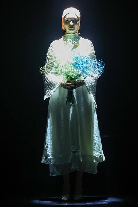 EK Katha_Off White Handloom Cotton, Kota Doria Embroidery Cord Cape Dress With Belt _Online_at_Aza_Fashions