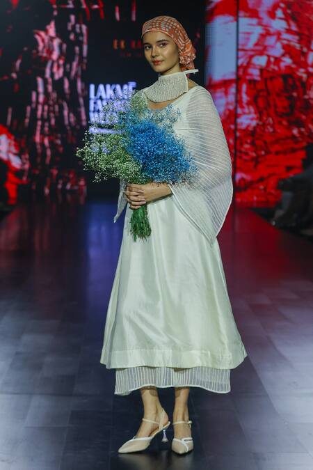 Shop_EK Katha_Off White Handloom Cotton, Kota Doria Embroidery Cord Cape Dress With Belt _Online_at_Aza_Fashions