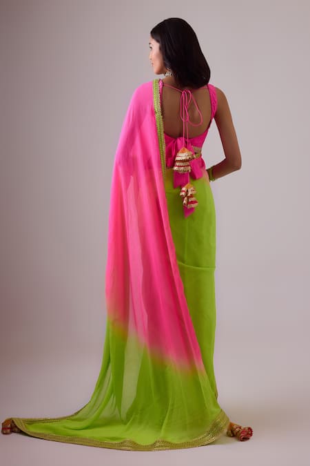 Shop Nikasha Green Silk Gota Patti, Tassels Sweetheart Ombre Embroidered Saree With Blouse at Aza Fashions Shop_Nikasha_Green Silk Gota Patti, Tassels Sweetheart Ombre Embroidered Saree With Blouse _at_Aza_Fashions