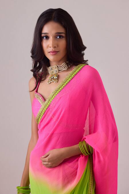 Nikasha Green Silk Gota Patti, Tassels Sweetheart Ombre Embroidered Saree With Blouse Online at Aza Fashions Nikasha_Green Silk Gota Patti, Tassels Sweetheart Ombre Embroidered Saree With Blouse _Online_at_Aza_Fashions