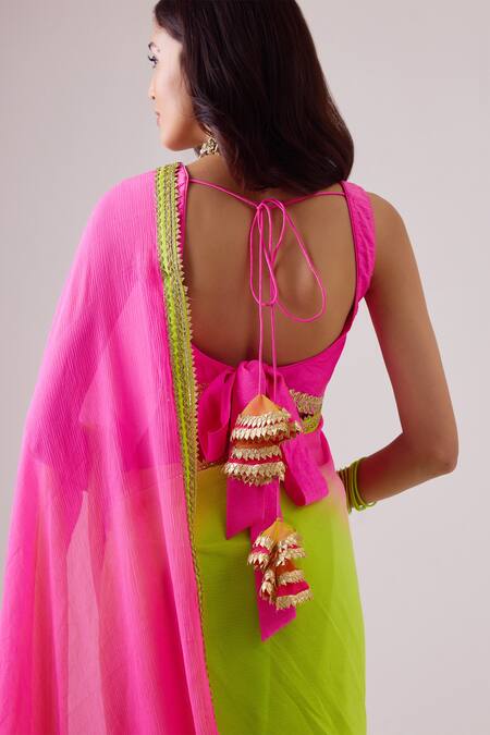 Shop Nikasha Green Silk Gota Patti, Tassels Sweetheart Ombre Embroidered Saree With Blouse Online at Aza Fashions Shop_Nikasha_Green Silk Gota Patti, Tassels Sweetheart Ombre Embroidered Saree With Blouse _Online_at_Aza_Fashions