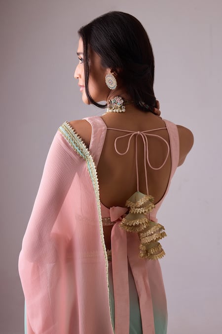 Shop Nikasha Blue Silk, Chiffon Gota Patti, Tassels Ombre Embroidered Saree With Blouse Online at Aza Fashions Shop_Nikasha_Blue Silk, Chiffon Gota Patti, Tassels Ombre Embroidered Saree With Blouse _Online_at_Aza_Fashions