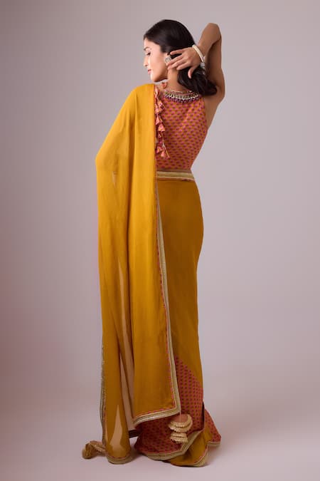 Shop Nikasha Yellow Georgette, Silk, Crepe Gota Patti, Pleated Border Saree With Blouse at Aza Fashions Shop_Nikasha_Yellow Georgette, Silk, Crepe Gota Patti, Pleated Border Saree With Blouse _at_Aza_Fashions