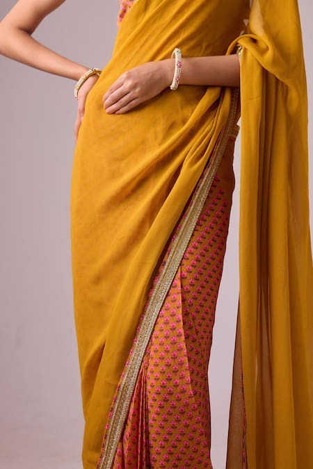 Nikasha Yellow Georgette, Silk, Crepe Gota Patti, Pleated Border Saree With Blouse Online at Aza Fashions Nikasha_Yellow Georgette, Silk, Crepe Gota Patti, Pleated Border Saree With Blouse _Online_at_Aza_Fashions