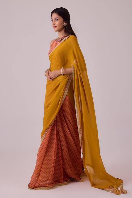 Buy Nikasha Yellow Georgette, Silk, Crepe Gota Patti, Pleated Border Saree With Blouse Online at Aza Fashions Buy_Nikasha_Yellow Georgette, Silk, Crepe Gota Patti, Pleated Border Saree With Blouse _Online_at_Aza_Fashions