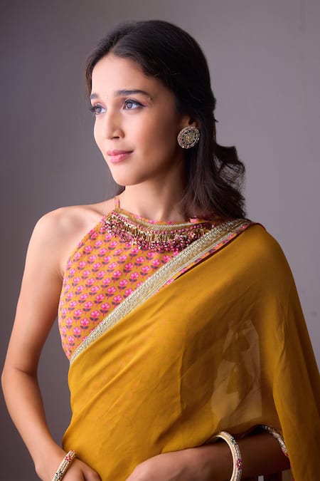 Shop Nikasha Yellow Georgette, Silk, Crepe Gota Patti, Pleated Border Saree With Blouse Online at Aza Fashions Shop_Nikasha_Yellow Georgette, Silk, Crepe Gota Patti, Pleated Border Saree With Blouse _Online_at_Aza_Fashions