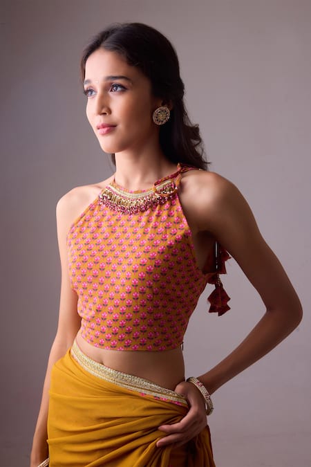 Nikasha Yellow Georgette, Silk, Crepe Gota Patti, Pleated Border Saree With Blouse at Aza Fashions Nikasha_Yellow Georgette, Silk, Crepe Gota Patti, Pleated Border Saree With Blouse _at_Aza_Fashions