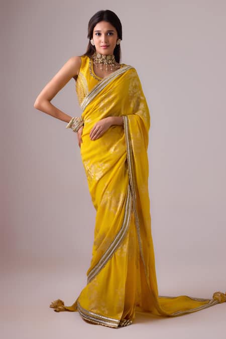 Nikasha Yellow 100% Pure Chiffon Silk Foil Printed Embroidered Border Saree With Blouse 