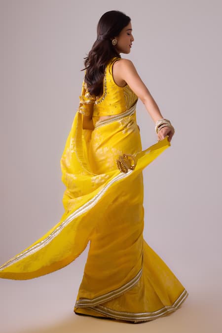 Shop Nikasha Yellow Silk Gota Patti, Embroidery Round Foil Printed Border Saree With Blouse at Aza Fashions Shop_Nikasha_Yellow Silk Gota Patti, Embroidery Round Foil Printed Border Saree With Blouse _at_Aza_Fashions