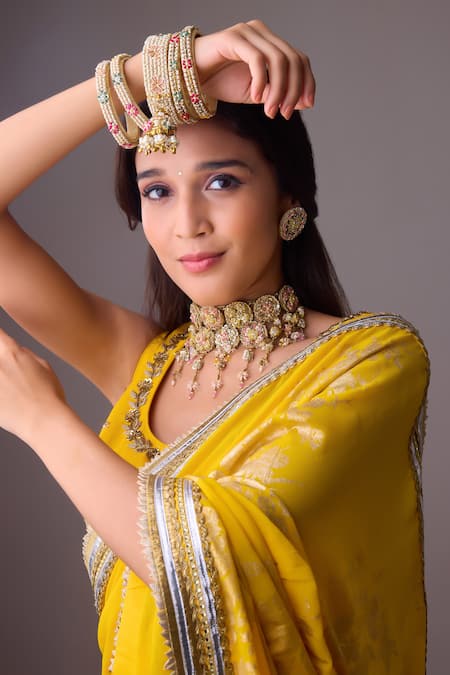 Nikasha Yellow Silk Gota Patti, Embroidery Round Foil Printed Border Saree With Blouse Online at Aza Fashions Nikasha_Yellow Silk Gota Patti, Embroidery Round Foil Printed Border Saree With Blouse _Online_at_Aza_Fashions