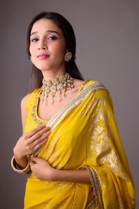 Buy Nikasha Yellow Silk Gota Patti, Embroidery Round Foil Printed Border Saree With Blouse Online at Aza Fashions Buy_Nikasha_Yellow Silk Gota Patti, Embroidery Round Foil Printed Border Saree With Blouse _Online_at_Aza_Fashions