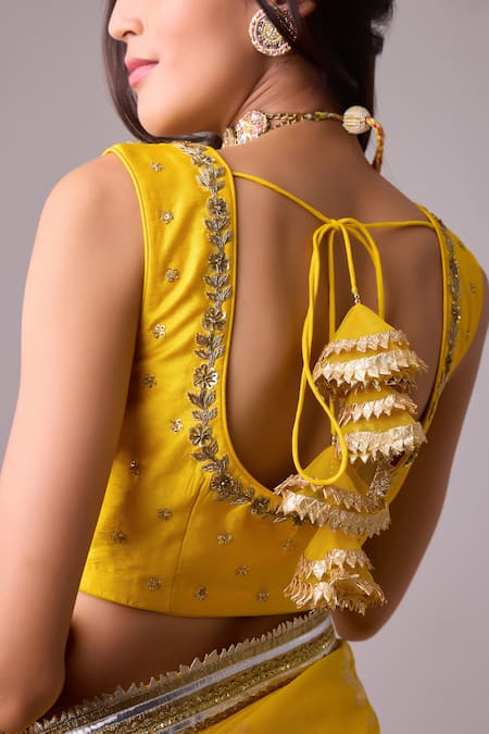 Shop Nikasha Yellow Silk Gota Patti, Embroidery Round Foil Printed Border Saree With Blouse Online at Aza Fashions Shop_Nikasha_Yellow Silk Gota Patti, Embroidery Round Foil Printed Border Saree With Blouse _Online_at_Aza_Fashions
