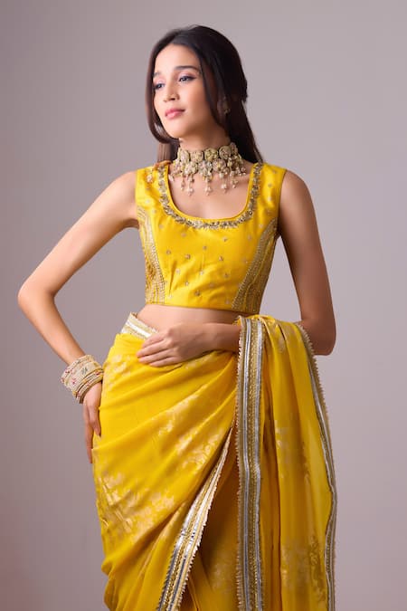 Nikasha Yellow Silk Gota Patti, Embroidery Round Foil Printed Border Saree With Blouse at Aza Fashions Nikasha_Yellow Silk Gota Patti, Embroidery Round Foil Printed Border Saree With Blouse _at_Aza_Fashions