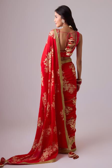 Shop_Nikasha_Red Silk, Chiffon Gota Patti, Embroidery Round Foil Printed Saree With Blouse _at_Aza_Fashions