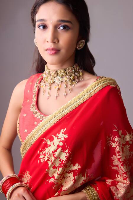 Nikasha_Red Silk, Chiffon Gota Patti, Embroidery Round Foil Printed Saree With Blouse _Online_at_Aza_Fashions