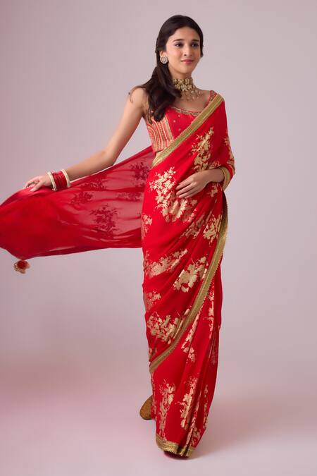 Buy_Nikasha_Red Silk, Chiffon Gota Patti, Embroidery Round Foil Printed Saree With Blouse _Online_at_Aza_Fashions