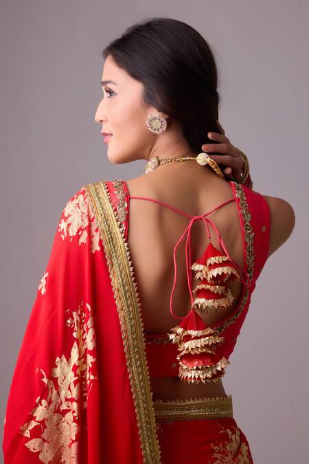 Shop_Nikasha_Red Silk, Chiffon Gota Patti, Embroidery Round Foil Printed Saree With Blouse _Online_at_Aza_Fashions