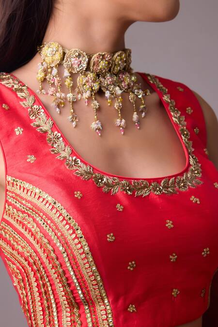 Buy_Nikasha_Red Silk, Chiffon Gota Patti, Embroidery Round Foil Printed Saree With Blouse 