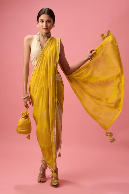 Nikasha Yellow 100% Pure Silk Foil Printed Gota Embroidered Dhoti Pant Saree With Blouse 