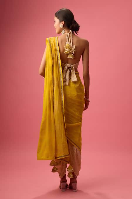 Shop Nikasha Yellow Silk, Georgette Gota Patti, Foil Embroidered Dhoti Pant Saree With Blouse at Aza Fashions Shop_Nikasha_Yellow Silk, Georgette Gota Patti, Foil Embroidered Dhoti Pant Saree With Blouse _at_Aza_Fashions