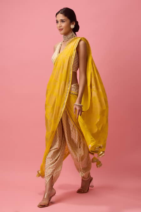 Nikasha Yellow Silk, Georgette Gota Patti, Foil Embroidered Dhoti Pant Saree With Blouse Online at Aza Fashions Nikasha_Yellow Silk, Georgette Gota Patti, Foil Embroidered Dhoti Pant Saree With Blouse _Online_at_Aza_Fashions