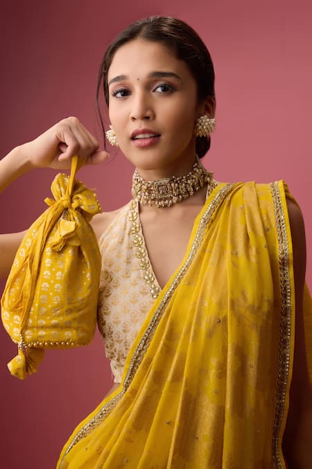 Buy Nikasha Yellow Silk, Georgette Gota Patti, Foil Embroidered Dhoti Pant Saree With Blouse Online at Aza Fashions Buy_Nikasha_Yellow Silk, Georgette Gota Patti, Foil Embroidered Dhoti Pant Saree With Blouse _Online_at_Aza_Fashions