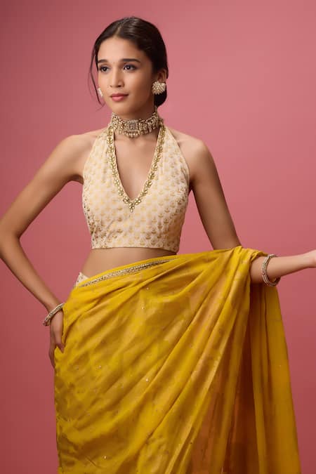 Shop Nikasha Yellow Silk, Georgette Gota Patti, Foil Embroidered Dhoti Pant Saree With Blouse Online at Aza Fashions Shop_Nikasha_Yellow Silk, Georgette Gota Patti, Foil Embroidered Dhoti Pant Saree With Blouse _Online_at_Aza_Fashions