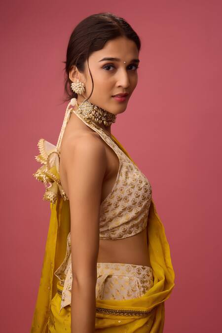 Nikasha Yellow Silk, Georgette Gota Patti, Foil Embroidered Dhoti Pant Saree With Blouse at Aza Fashions Nikasha_Yellow Silk, Georgette Gota Patti, Foil Embroidered Dhoti Pant Saree With Blouse _at_Aza_Fashions