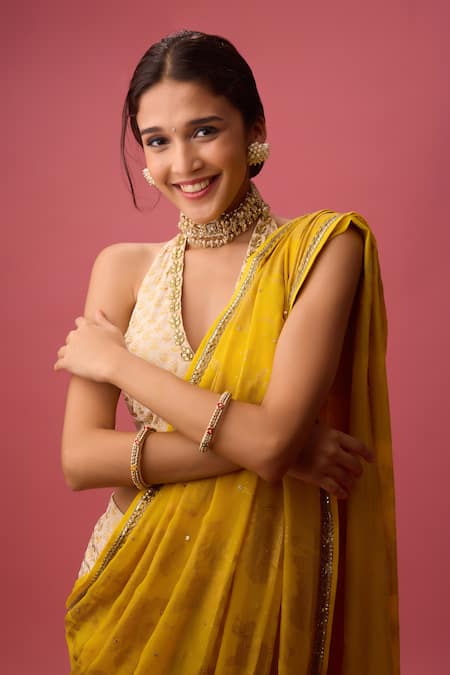 Buy Nikasha Yellow Silk, Georgette Gota Patti, Foil Embroidered Dhoti Pant Saree With Blouse Buy_Nikasha_Yellow Silk, Georgette Gota Patti, Foil Embroidered Dhoti Pant Saree With Blouse