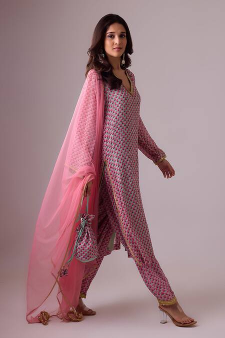 Nikasha_Blue Georgette Gota Patti, Sequins, Tassels V-neck Floral Printed Kurta Set  _at_Aza_Fashions