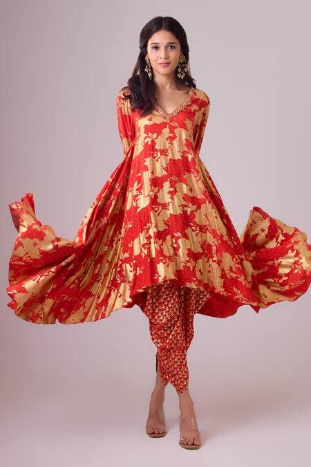 Nikasha Red Crepe, Silk Embroidery, Gota Floral Print Asymmetric Kurta Dhoti Pant Set Online at Aza Fashions Nikasha_Red Crepe, Silk Embroidery, Gota Floral Print Asymmetric Kurta Dhoti Pant Set _Online_at_Aza_Fashions