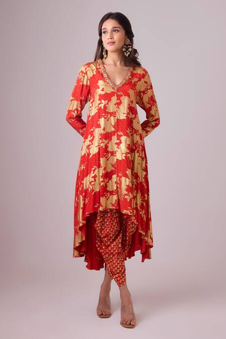 Buy Nikasha Red Crepe, Silk Embroidery, Gota Floral Print Asymmetric Kurta Dhoti Pant Set Online at Aza Fashions Buy_Nikasha_Red Crepe, Silk Embroidery, Gota Floral Print Asymmetric Kurta Dhoti Pant Set _Online_at_Aza_Fashions