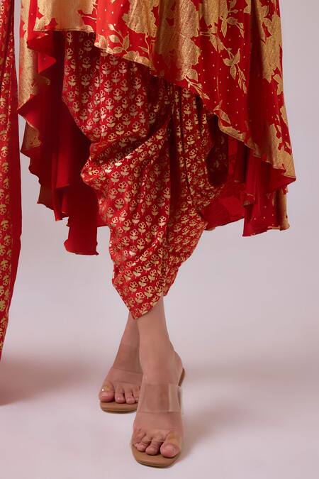 Shop Nikasha Red Crepe, Silk Embroidery, Gota Floral Print Asymmetric Kurta Dhoti Pant Set Online at Aza Fashions Shop_Nikasha_Red Crepe, Silk Embroidery, Gota Floral Print Asymmetric Kurta Dhoti Pant Set _Online_at_Aza_Fashions