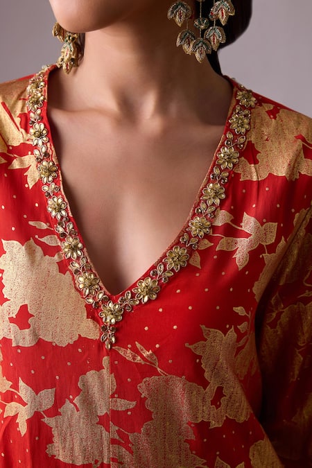 Buy Nikasha Red Crepe, Silk Embroidery, Gota Floral Print Asymmetric Kurta Dhoti Pant Set Buy_Nikasha_Red Crepe, Silk Embroidery, Gota Floral Print Asymmetric Kurta Dhoti Pant Set