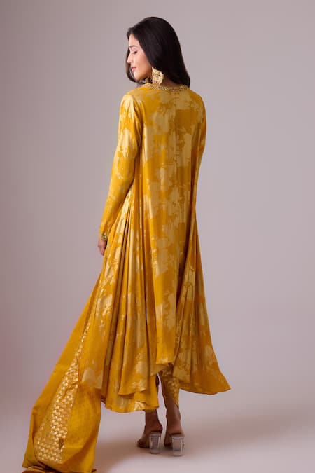 Shop Nikasha Yellow Crepe, Silk Gota Patti, Foil Asymmetrical Kurta Dhoti Pant Set at Aza Fashions Shop_Nikasha_Yellow Crepe, Silk Gota Patti, Foil Asymmetrical Kurta Dhoti Pant Set _at_Aza_Fashions