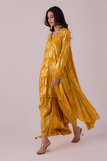 Nikasha Yellow Crepe, Silk Gota Patti, Foil Asymmetrical Kurta Dhoti Pant Set Online at Aza Fashions Nikasha_Yellow Crepe, Silk Gota Patti, Foil Asymmetrical Kurta Dhoti Pant Set _Online_at_Aza_Fashions