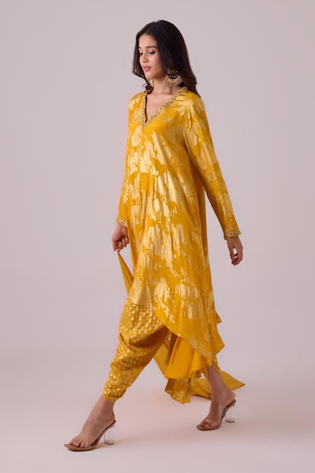 Buy Nikasha Yellow Crepe, Silk Gota Patti, Foil Asymmetrical Kurta Dhoti Pant Set Online at Aza Fashions Buy_Nikasha_Yellow Crepe, Silk Gota Patti, Foil Asymmetrical Kurta Dhoti Pant Set _Online_at_Aza_Fashions